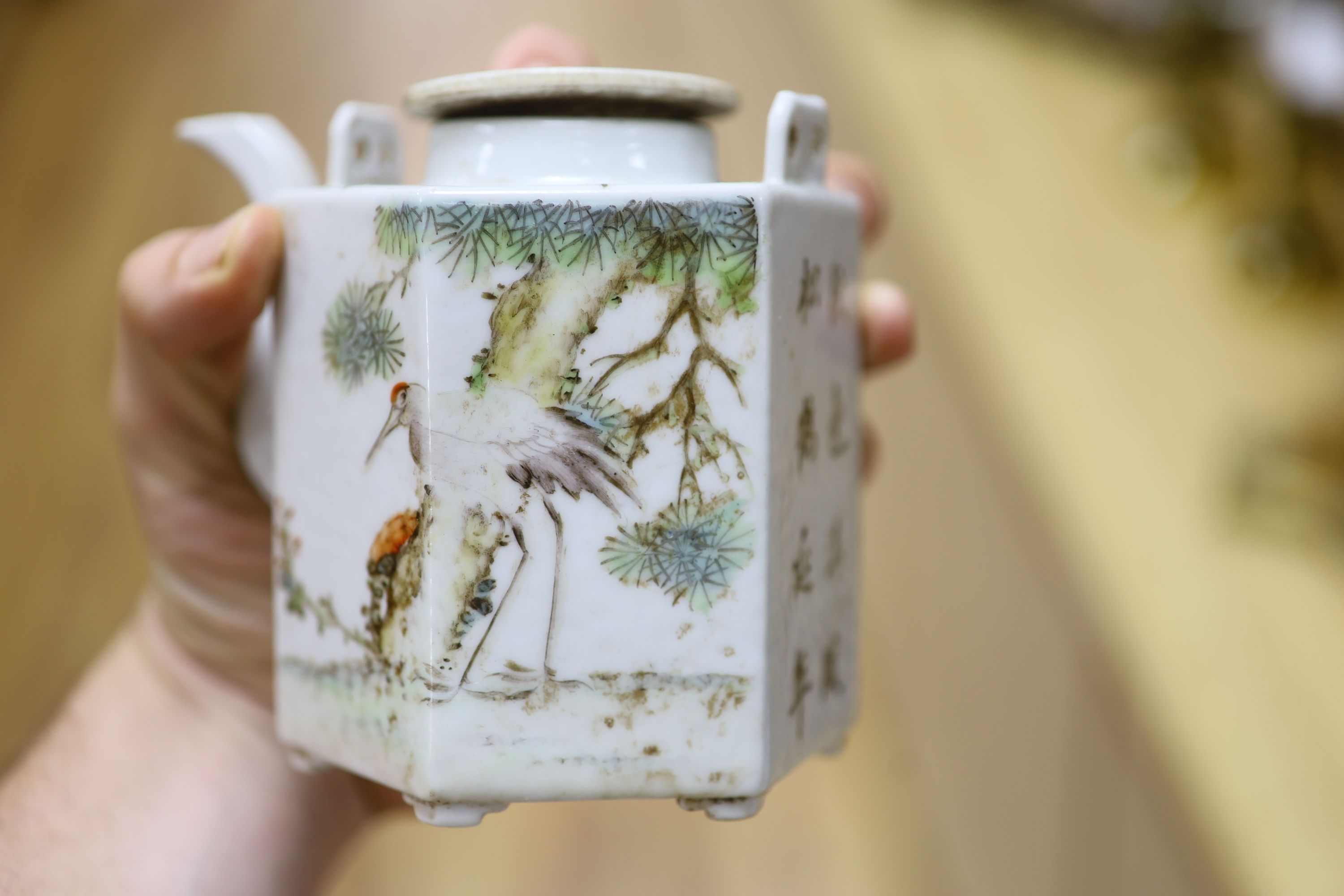 A Chinese famille rose hexagonal teapot, height 11cm